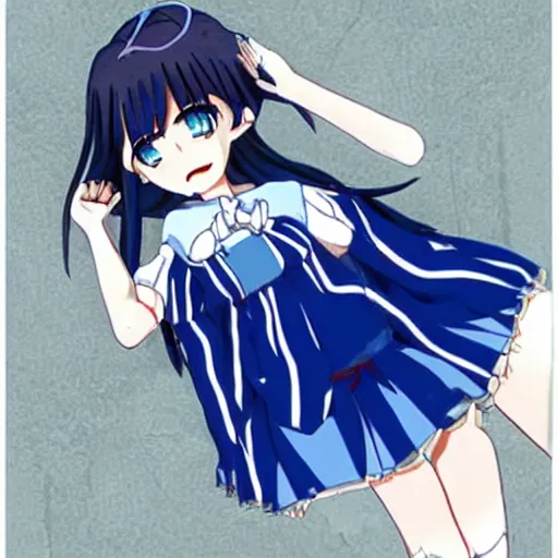 Image similar to Ami is a 14 year old anime girl who has short, very dark blue hair that reaches her neck, and dark blue eyes. She stands at about 157 cm or 5 feet 2 inches. She is shy and wears trendy clothes