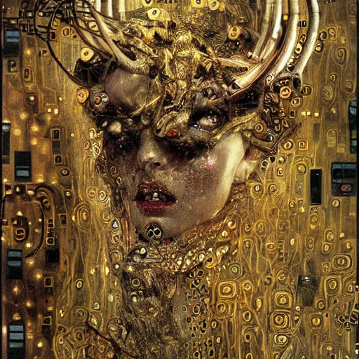 Image similar to horned cybernetic demon trapped in circuitry, intricate detail, klimt, royo,