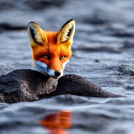 Prompt: a fox swimming inside of hot lava