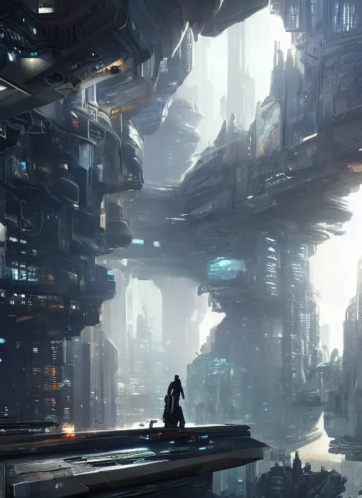 Prompt: A futuristic cityscape with a man standing on a ledge, a detailed matte painting by Wadim Kashin, CGsociety, panfuturism, greeble, matte painting, Cryengine