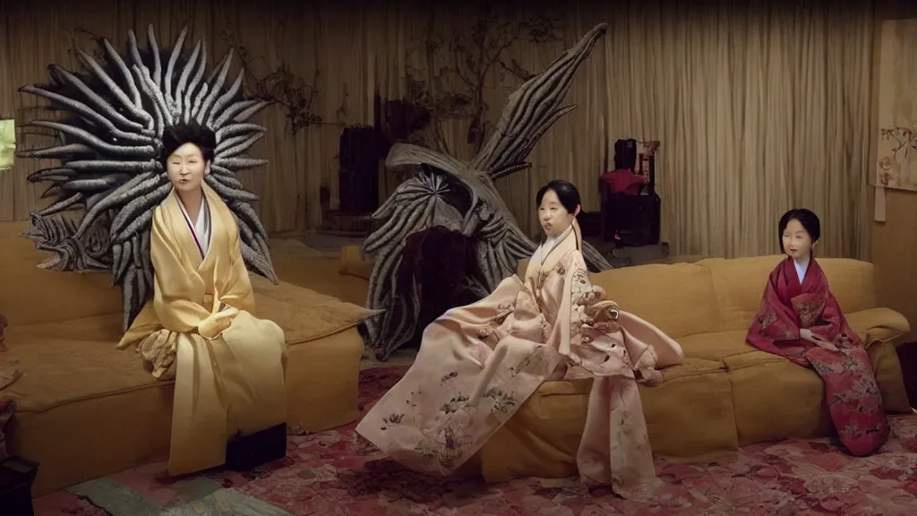 Image similar to shadow of a giant starfish - monster behind a woman in hanbok sitting on a couch, traditional korean interior, kaiju - eiga monster movie by denis villeneuve, cinematography by akira kurosawa and ishiro honda