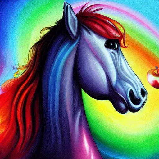 Prompt: a horse with rainbow body eating a apple by charlie bowater