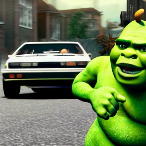 Prompt: Shrek smoking a blunt out the window while drifting around the corner in his Toyota AE86, 8k photography, ultra realistic, high definition