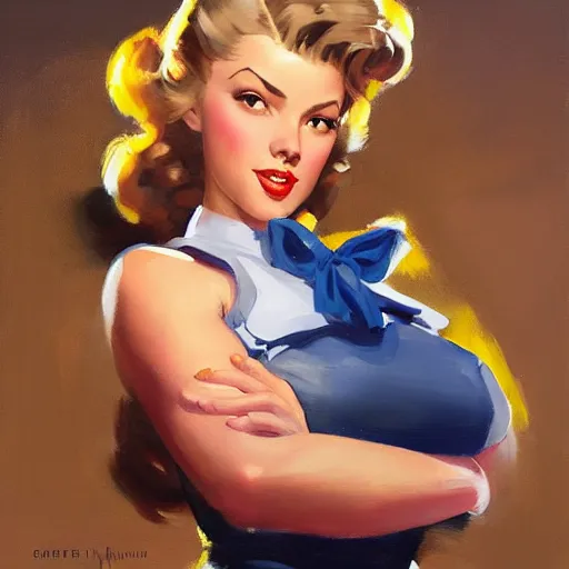 Image similar to greg manchess portrait painting of a beautiful waitress 1 9 4 0's pinup as overwatch's characters, medium shot, asymmetrical, profile picture, organic painting, sunny day, matte painting, bold shapes, hard edges, street art, trending on artstation, by huang guangjian and gil elvgren and sachin teng