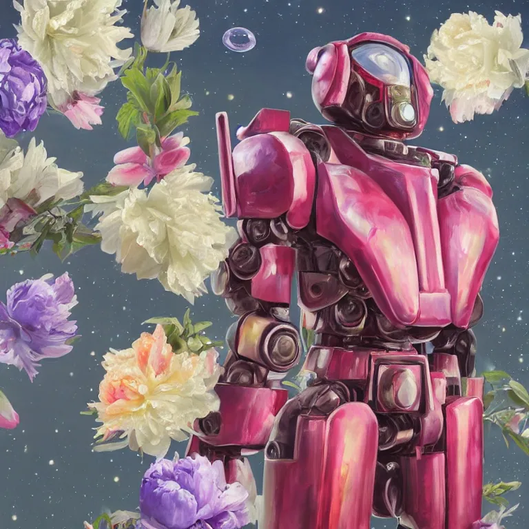 Image similar to A beautiful oil painting hyperrealism of armored mecha cyber drinks a magical bubble tea in a constellation of peonies, digital art