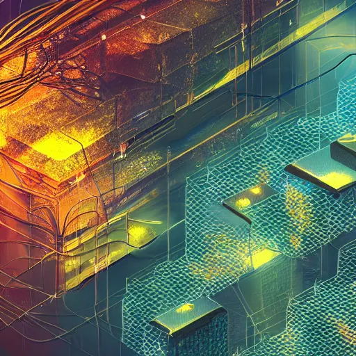 Image similar to Mystical Sci-fi Concept Art, Technological, Cables, Wires, Landscape, Mechanically Enhanced Honeycomb, Cybernetic, Ambient Lighting, Honeycomb, Glowing Amber, Honey. Cityscape