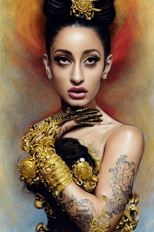 Image similar to an epic painting of arianna grande, curly messy high bun hairstyle, oriental tattoos, jeweled ornament over forehead, subject wearing a gold and black high fashion gown, flowing, ornate, beautiful, intricate, dramatic earth colors, with few fire red highlights, by jeremy mann and greg rutkowski, 8 0 mm lens, trending on artstation, oil on canvas