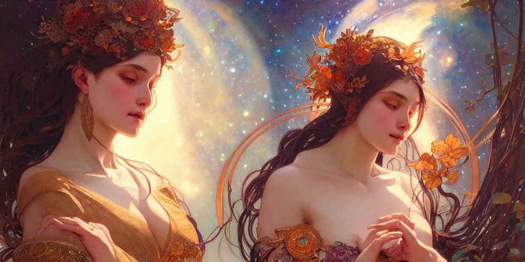 Image similar to a beautiful illustration of a cosmic goddess, intricate, sharp focus, illustration, highly detailed, digital painting, concept art, matte, art by wlop and artgerm and greg rutkowski and alphonse mucha, masterpiece