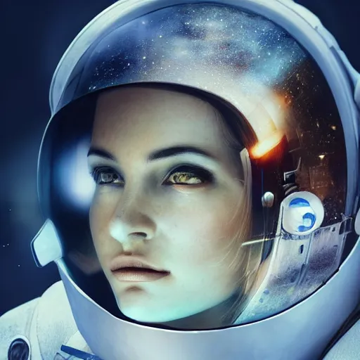 Prompt: portrait of an astronaut with a beautiful woman in the reflection on the helmet, dreamy, concept art, highly detailed, trending on art station, dreamy lighting, beautiful