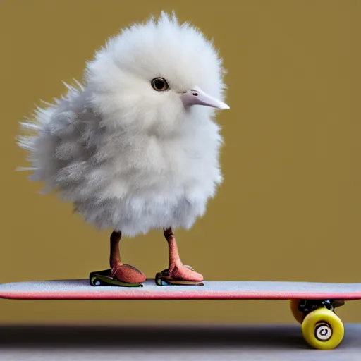 Image similar to fluffy chick on a skateboard, photorealistic