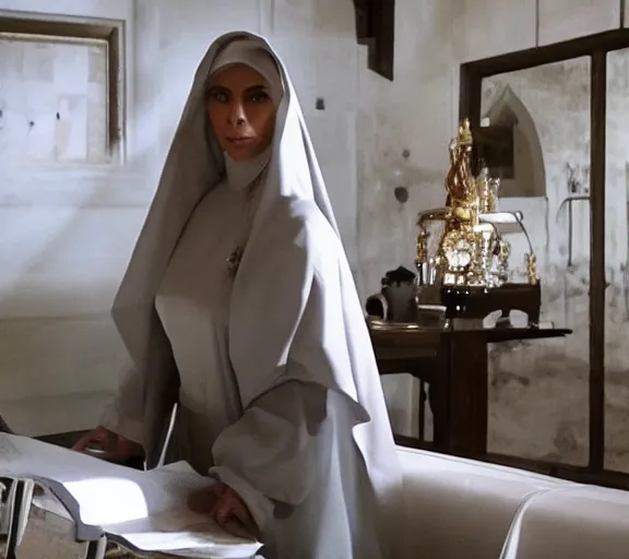 Image similar to a movie still of kim kardashian as a nun with her bust slightly showing. backround : church interior