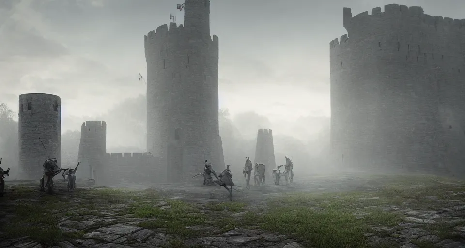 Image similar to ten medieval soldiers atop a castle wall looking at two trebuchets. it is a quiet morning. mist, epic, cinematic, volumetric lighting, symmetry, fantasy style, highly - detailed, unreal 5, realism