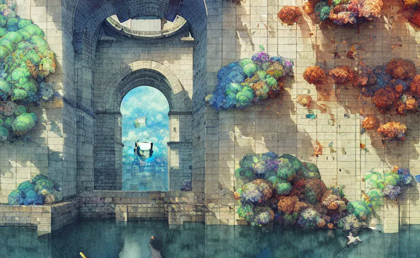 Image similar to tiled room squared waterway, aqueducts, fantasy. intricate, amazing composition, colorful watercolor, by ruan jia, by maxfield parrish, by marc simonetti, by hikari shimoda, by robert hubert, by zhang kechun, illustration, gloomy