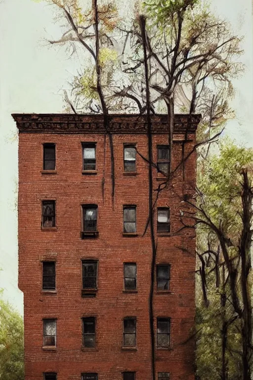 Image similar to (((((a ramshackle manhattan brick brownstone deep in the forest))))) by Gilles Beloeil!!!!!!!!!!!!!!!!!!!!!!!!!!!