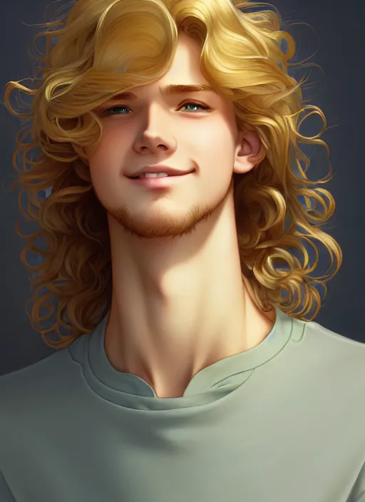 Image similar to young man with medium - length, curly, golden hair, perfectly proportioned face, aquamarine eyes, sweet smile, natural lighting, path traced, highly detailed, high quality, cartoon, digital painting, by new haicheng and ross tran and studio ghibli and alphonse mucha