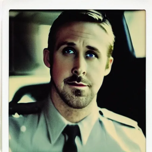 Polaroid image of Ryan Gosling as a cop driving | Stable Diffusion