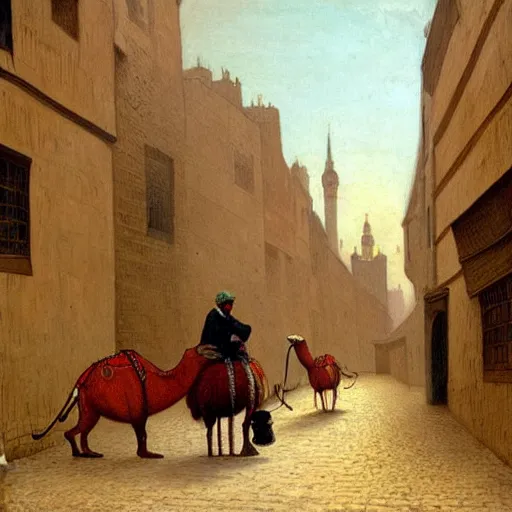 Image similar to London, A painting of a mouse Riding a camel through a narrow street in london, (1885)