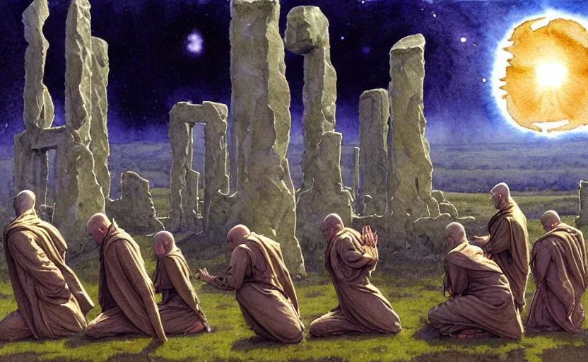 Prompt: a hyperrealist watercolour character concept art portrait of a group of catholic european monks kneeling down in prayer to a tall elegant lovecraftian alien on a misty night in stone henge. a battlecruiser starship is in the background. by rebecca guay, michael kaluta, charles vess and jean moebius giraud