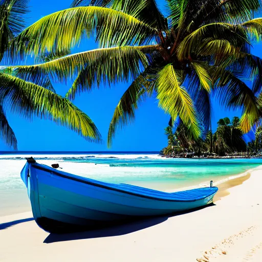 Prompt: Very detailed boat stranded on a beach with white sand, palms in the background, 4k
