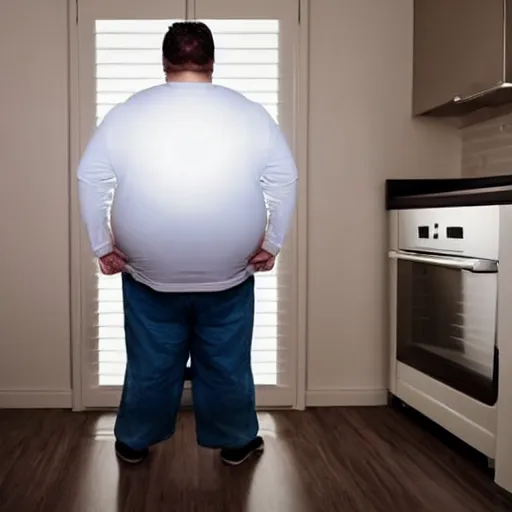 Prompt: obese landlord standing in front of open refrigerator illuminated by bright white light, a resigned tenant is standing behind reading a lease agreement, dark apartment painted in beige white paint, cctv, cinematic