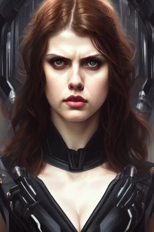 Image similar to alexandra daddario as black widow, realistic portrait, symmetrical, highly detailed, digital painting, artstation, concept art, smooth, sharp focus, illustration, cinematic lighting, art by artgerm and greg rutkowski and alphonse mucha