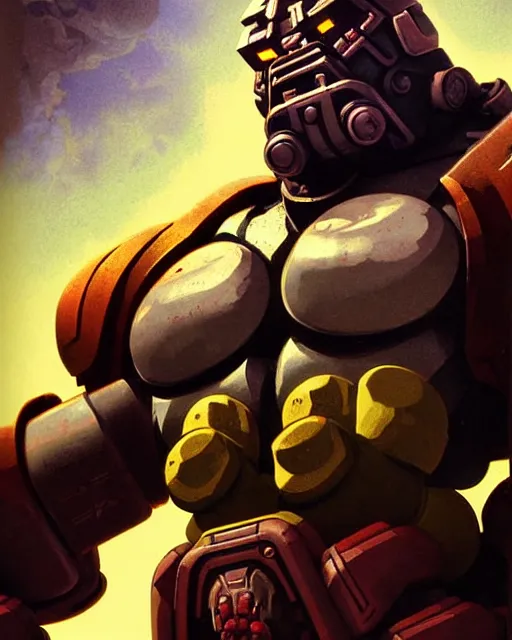 Image similar to doomfist from overwatch, aggressive expression, character portrait, portrait, close up, concept art, intricate details, highly detailed, vintage sci - fi poster, retro future, in the style of chris foss, rodger dean, moebius, michael whelan, and gustave dore