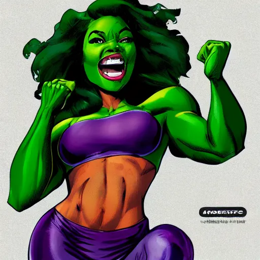 Image similar to Actress Gabrielle Union as She-Hulk, smiling, poster framed, comic pinup style, sports illustrated, detailed legs, artstation, illustration, posterized, Roge Antonio, Jen Bartel