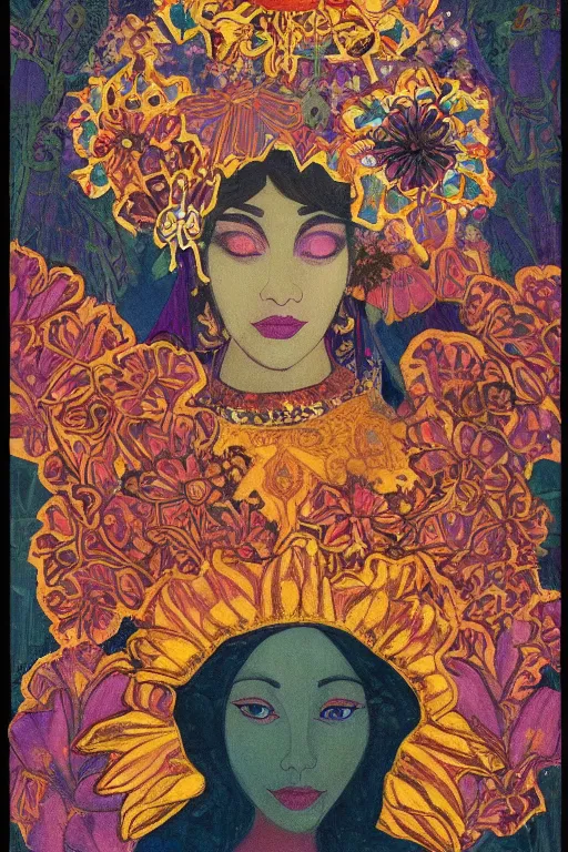 Image similar to queen of flowers, by Tino Rodriguez and Annie Swynnerton, and Nicholas Roerich, elaborate headdress and embroidered velvet, iridescent beetles, rich color, dramatic cinematic lighting, extremely detailed