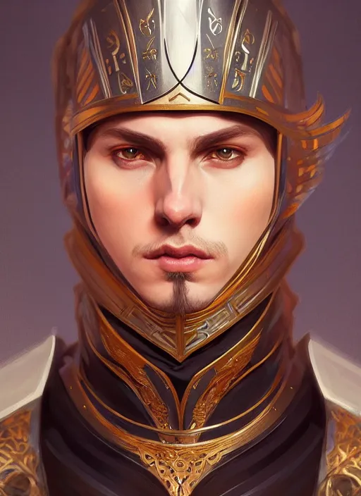 Image similar to symmetry!! portrait of male knight, high fantasy, intricate, elegant, highly detailed, digital painting, artstation, concept art, smooth, sharp focus, illustration, art by artgerm and greg rutkowski and alphonse mucha, 8 k