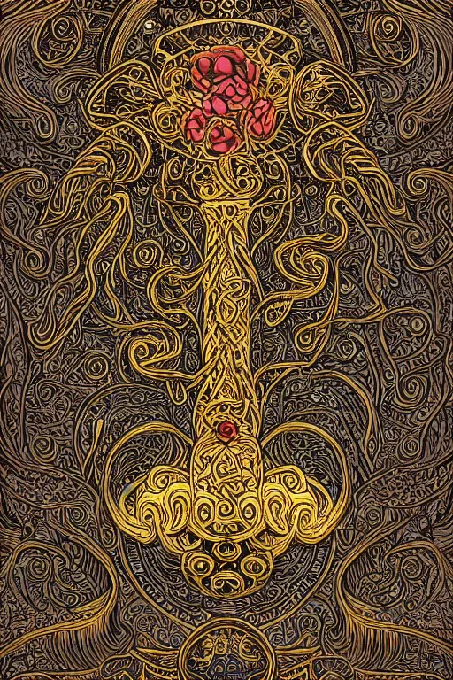 Prompt: an intricate background design with deep and intricate rune stones and rubies bursting flowers, and twisting intricate golden linework lovecraftian by dan mumford, atomic stars, digital art, photorealistic, highly detailed, intricate