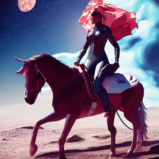 Prompt: A hyper real comic book style portait painting of Annita riding a horse on the moon, unreal 5, hyperrealistic, octane render, cosplay, RPG portrait, dynamic lighting