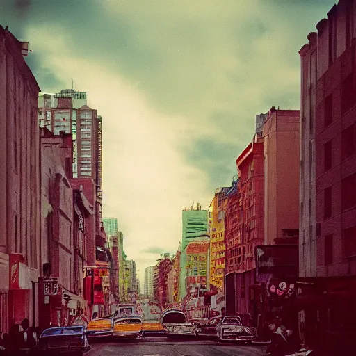 Image similar to instant photograph of a city in 1979, polaroid, raw, light leak, clouds