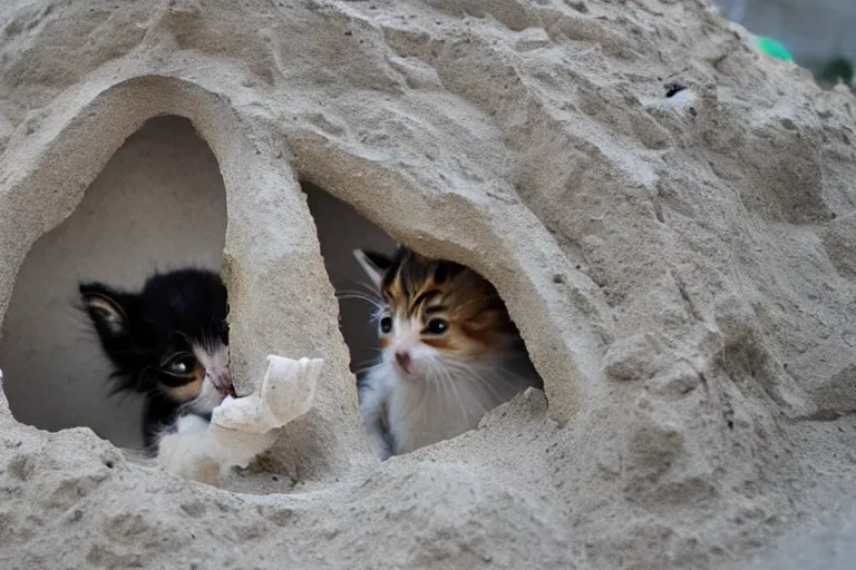 Image similar to kittens touching a sand castle