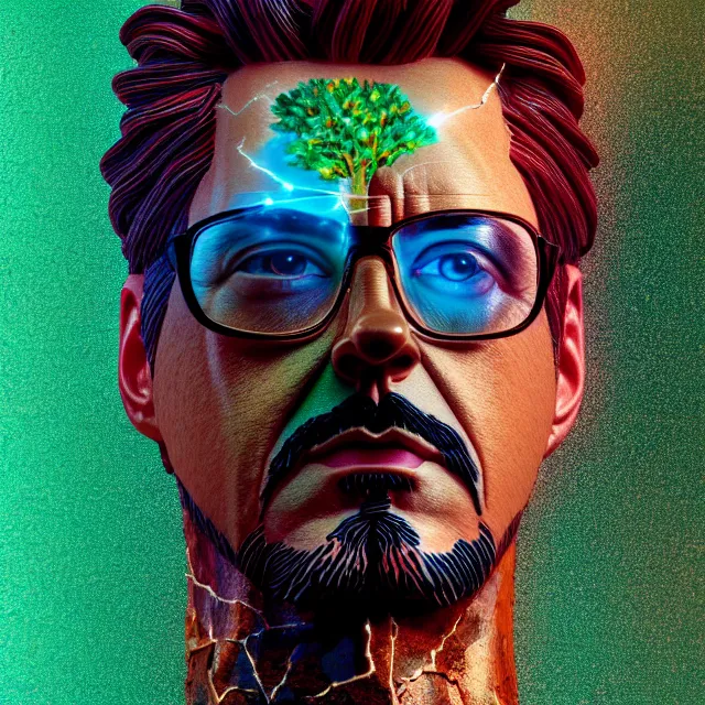 Prompt: portrait of tony stark tree statue, wearing glasses, double exposure tree bark, beautiful intricate painting, hyper realistic, bold colors, highly detailed studio lighting, octane render