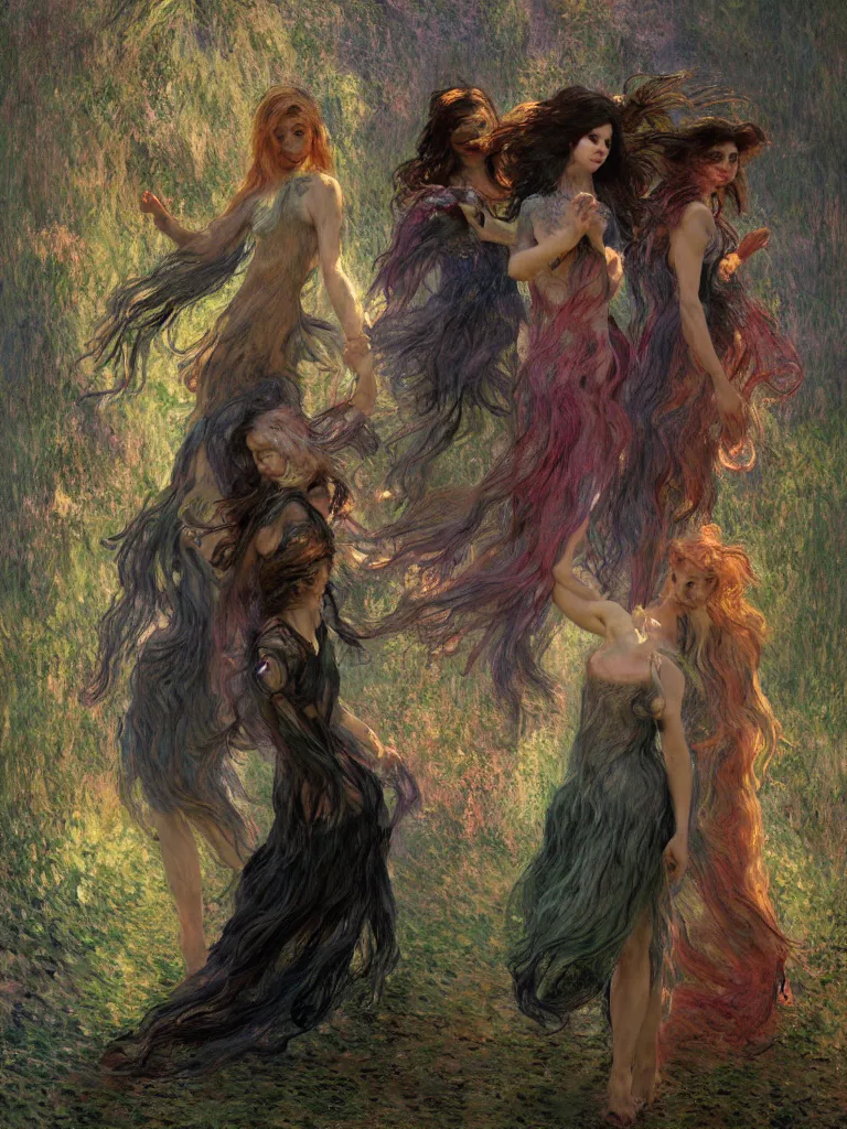 Prompt: illustration studio portrait of three dark beautiful seraphim female energy dancing in artistic poses in a witch's coven at the forest, a big firepit emerges, monet painterly motives and textures pattern, hyper detailed, octane render, vivid colors, artstation, by jeremy mann, by alphonse mucha, by monet