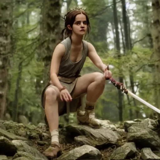 Prompt: emma watson as live action princess mononoke, still frame, sharp focus, cinematic, filmic