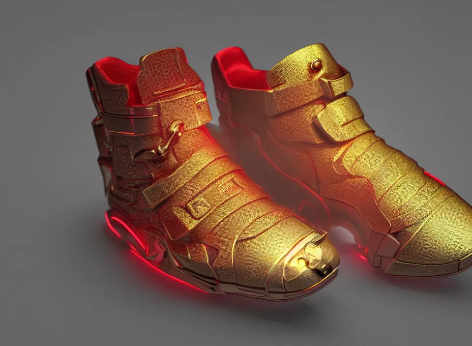 Image similar to realistic 3 d render of a cyberpunk android sneaker, beautiful studio lighting, soft, sharp focus, neon cyberpunk highlights, intricate detail, gold and red metal, soft rubber, textured plastic, octane render, side view, close up, trending on artstation, deviantart, nike, adidas, converse, vessi, reebok, salomon