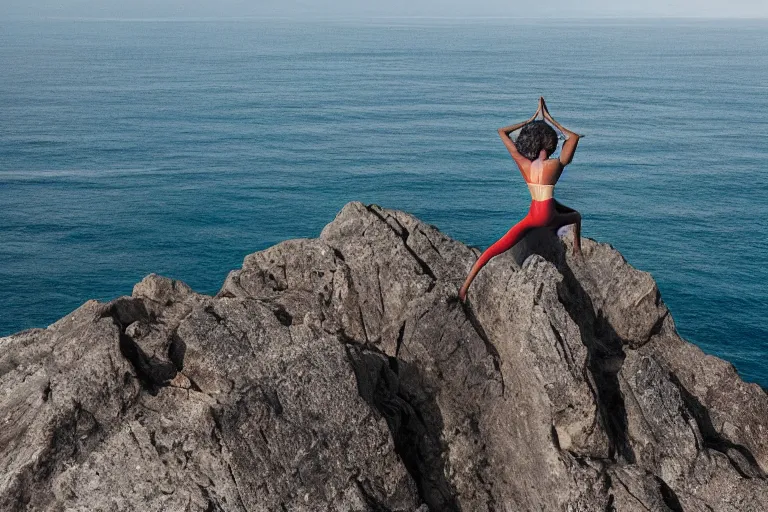 Prompt: photo of a gorgeous black model yoga on a Tesla on a cliff on the ocean By Emmanuel Lubezki