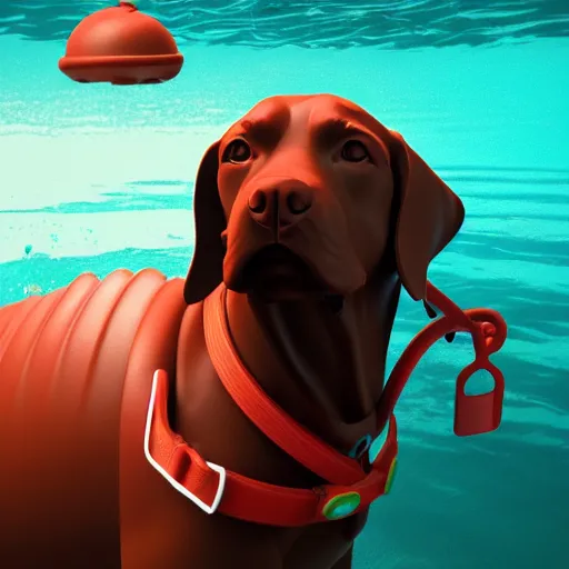 Image similar to lifeguard chocolate lab, 3 d model, hyperealistic, cartoony, 4 k, ultra quality, orange scuba mask, under the sea, murky lighting, angler fish lurking in the background, artstation, unreal engine