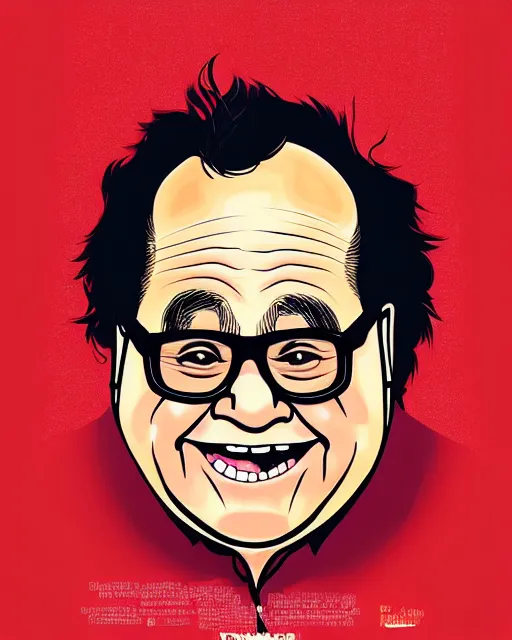 Prompt: painting portrait of danny devito as a ham, cartoon, warm lighting, danny devito has a ham body, danny devito's face on a ham. movie poster, illustration by bartek fedyczak, erak note, tooth wu, neil richards, kan liu, siwoo kim, jisu choe, trending on art station