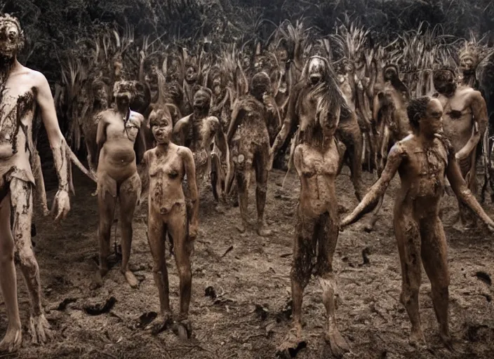 Image similar to sensual scene from art house film by alejandro jodorowsky, roger ballen, surreal dance scene of ritual in a picturesque outdoors setting, ashes, new guinea mud man, costumes, snakes, smoke, close - up of the actors'faces, sharp, medium format 6 x 6, 1 6 k