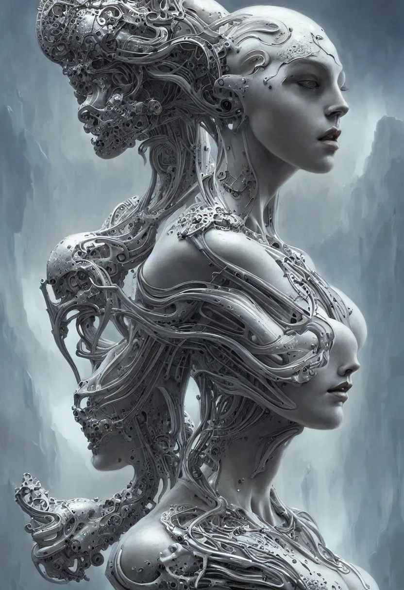 Image similar to beautiful white cyborg goddess, by william - adolphe bouguereaum artgerm and hr giger and zdzislaw beksinski, matte painting, hyperdetailed, symmetry, art nouveau, beautiful render, concept art