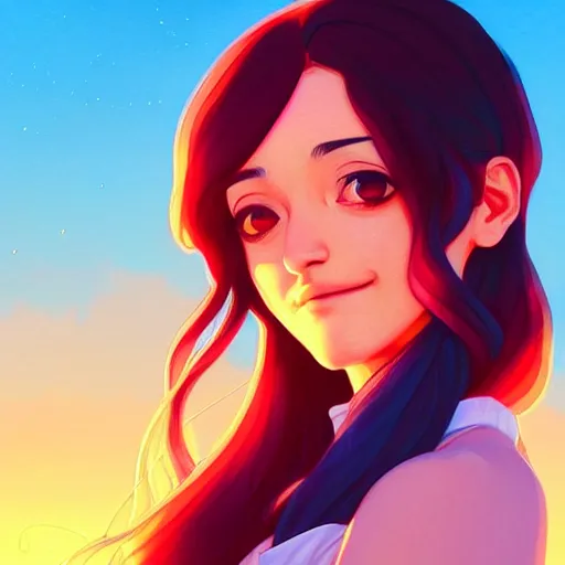 Image similar to Emmy Rossum, sunset, portrait, intricate, highly detailed, digital painting, artstation, official media, anime key visual, concept art, rich vivid colors, ambient lighting, sharp focus, illustration, art by Artgerm, Makoto Shinkai, Ilya Kuvshinov, Lois Van Baarle, and Rossdraws