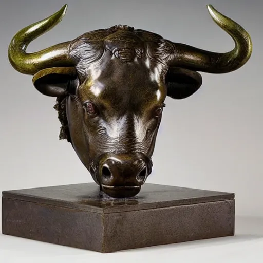 Image similar to professional color photograph of a patinated bronze bust of an angry water buffalo, Troigne view supported by a bronze plinth, by FREDERIC REMINGTON
