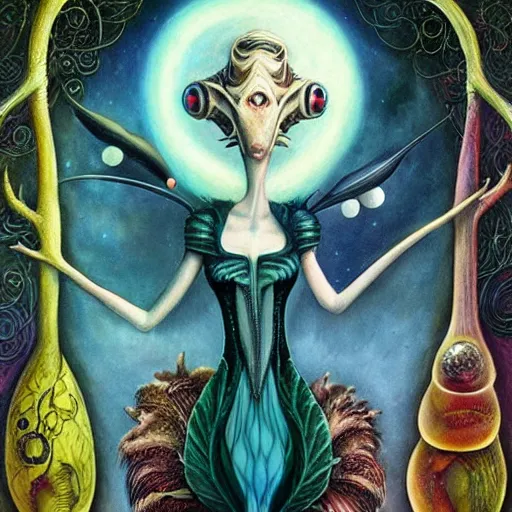 Image similar to surreal portrait of alien wizardess, artwork by Daniel Merriam,