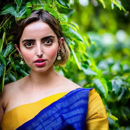 Prompt: close up Portrait of beautiful ana de armas wearing assamese bihu mekhela sleeveless silk saree in Assam tea garden, XF IQ4, 150MP, 50mm, F1.4, ISO 1000, 1/250s, model photography by Steve McCurry in the style of Annie Leibovitz, face by Artgerm, daz studio genesis iray attractive female, gorgeous, detailed anatomically correct face!! anatomically correct hands!! amazing natural skin tone, 4k textures, soft cinematic light, Adobe Lightroom, photolab, HDR, intricate, elegant, highly detailed,sharp focus