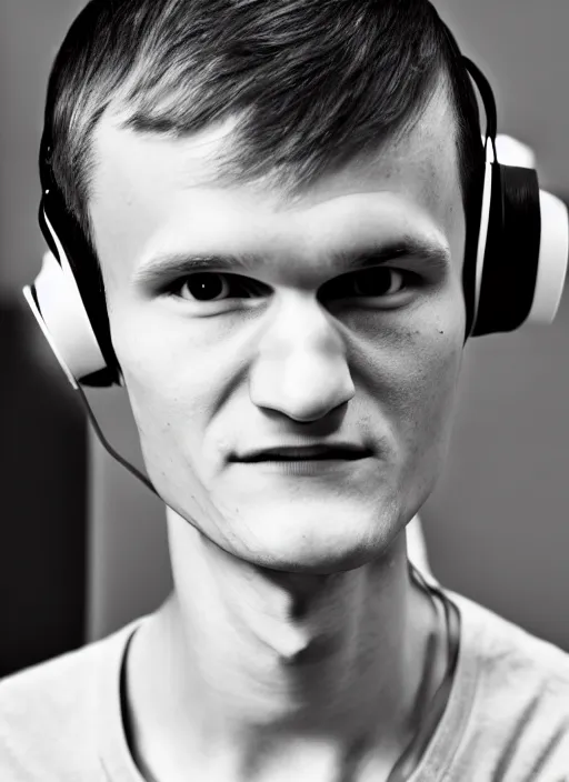 Prompt: vitalik buterin in headphones. vitalik buterin, medium shot, perfect symmetric face, coherent eyes, cute happy face, fine details., very sharp, 4 k, pixar, hans zatska