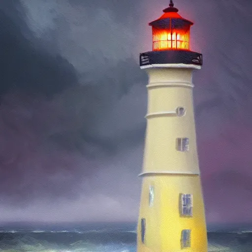 Image similar to beautiful impressionist mysterious digital painting about a scary light house glowing in the dark of a stormy night, trending on artstation, gloomy, moody, highly detailed