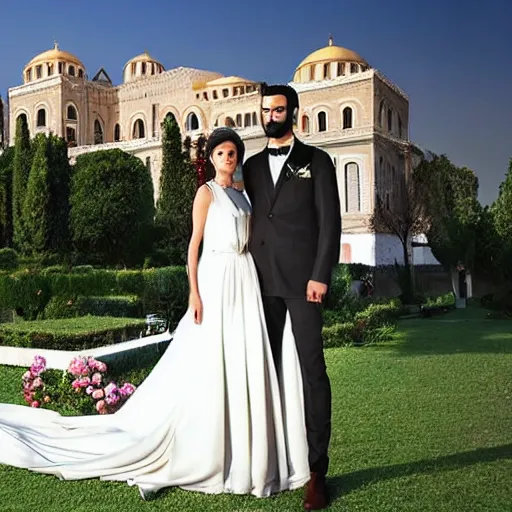 Image similar to A tall lebanese man, short well groomed beard, short hair wearing a tuxedo, next to a short turkish woman with a ponytail, slim body, brown eyes wearing a long white dress, getting married in a garden, with a majestic Ottoman palace in the background, at night, well lit sky, close up shot, luxury, luxurious wedding, Ottoman Empire era, gold, photorealistic, ultra-detailed, 4k high resolution, HDR shot