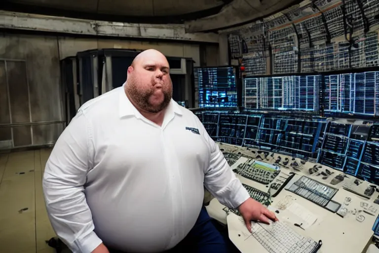 Image similar to heavyset bald man wearing a white shortsleeved shirt and blue jeans working in a nuclear silo control room by Emmanuel Lubezki